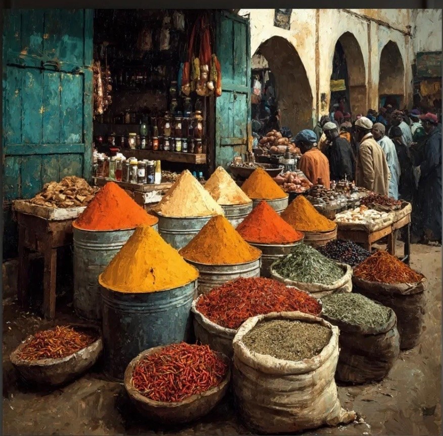 Painting of a Moroccan spice souk: cones of turmeric, paprika and cumin in galvanised tubs, sacks of dried chillies and herbs, teal shop doors and a whitewashed arcade behind